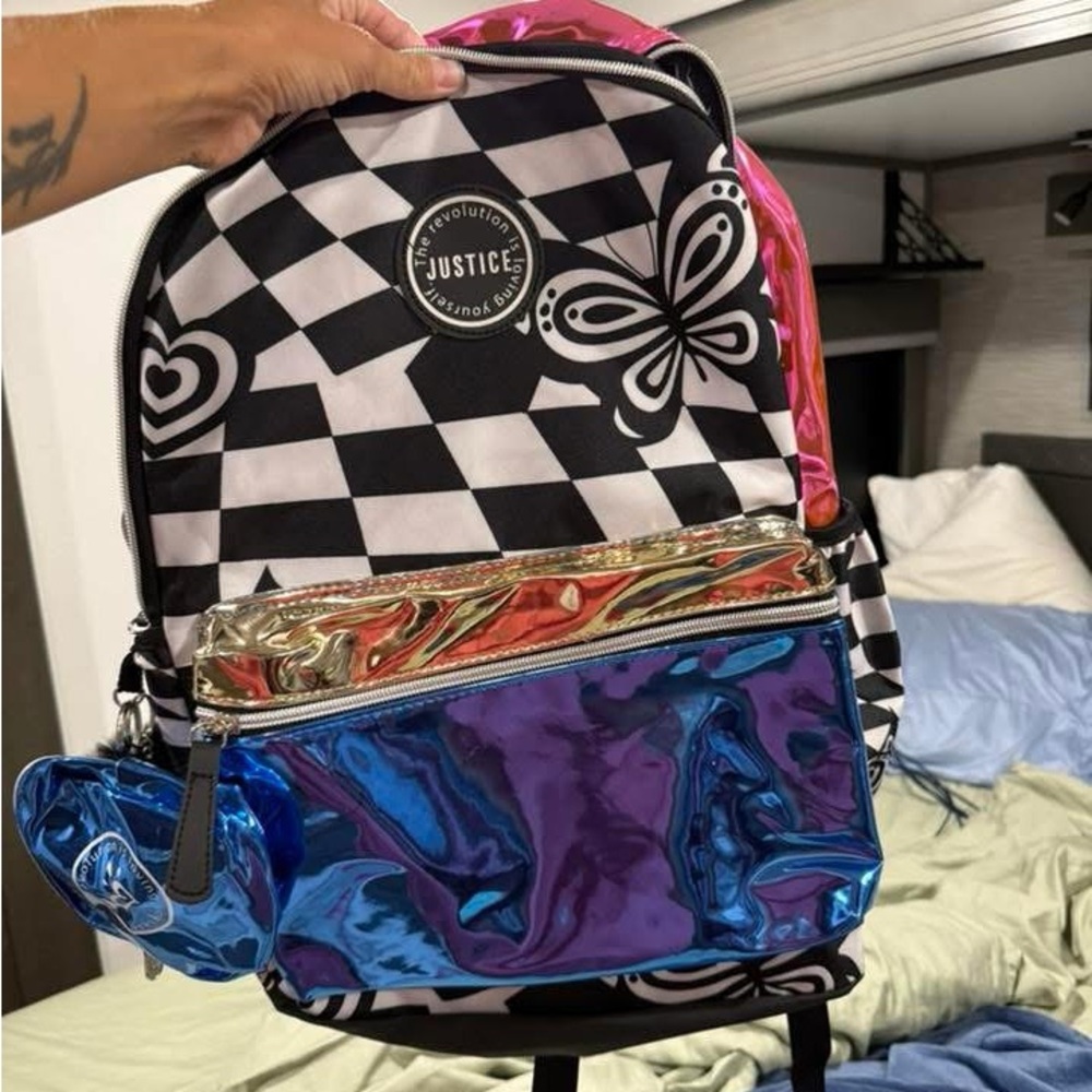Justice Black and White Checkered Backpack with Holographic Finish